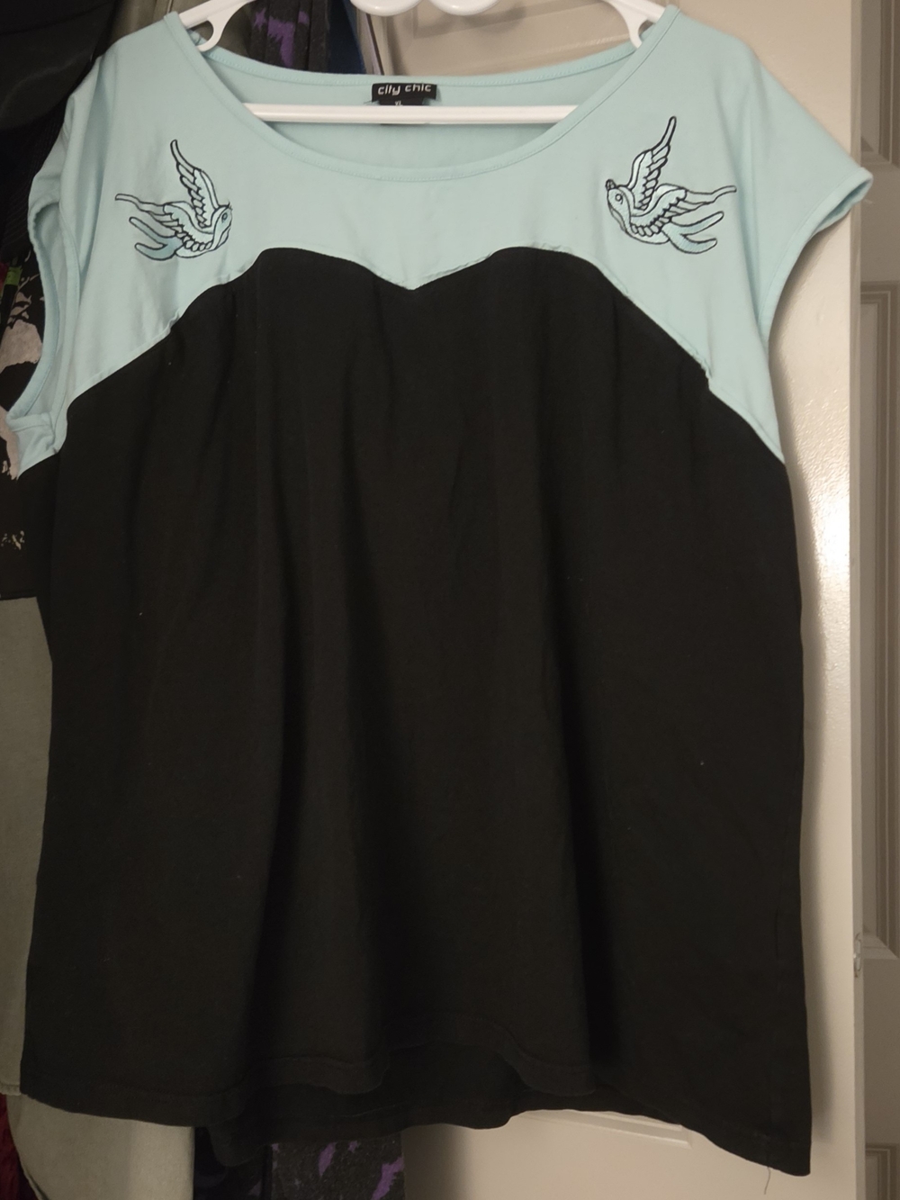 City Chic Black & Light Blue Scoop Neck Top with Bird Embroidery
